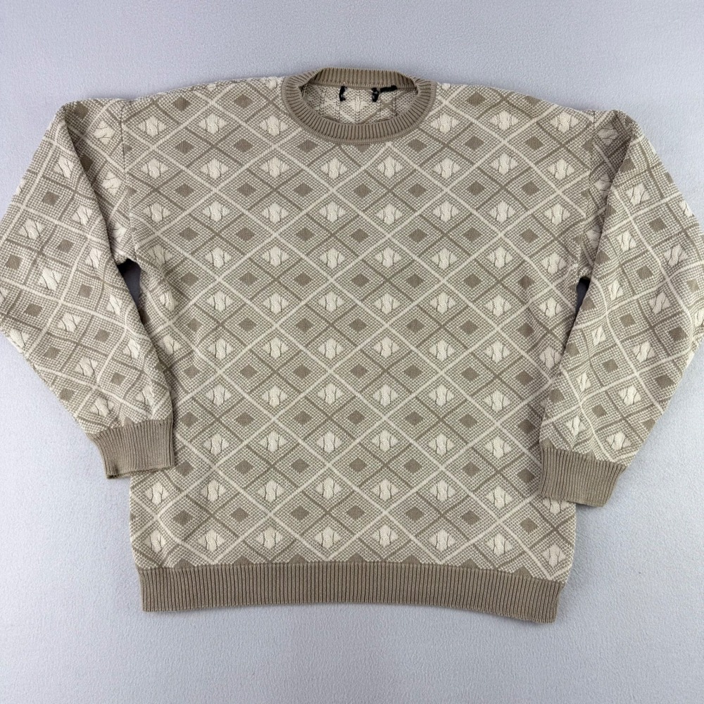 Vintage Knit Crewneck Sweater Mens XL Tan Geometric Thick Heavyweight Cotton